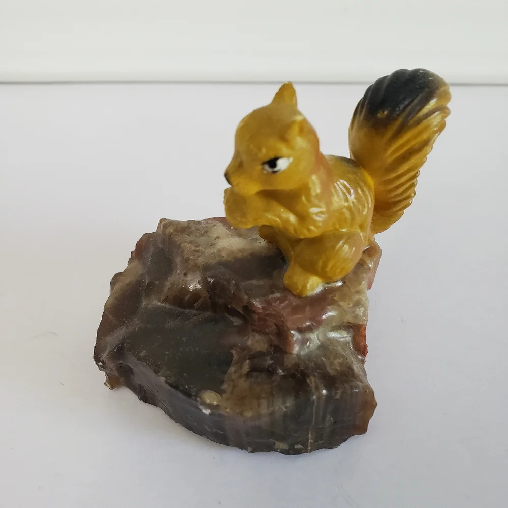 Vintage Squirrel Figurine on Natural Stone Base Ceramic Resin Collectible Decor